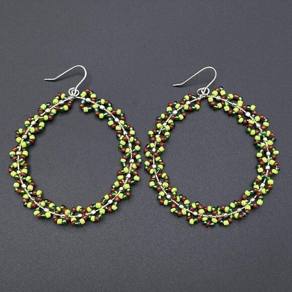 Silver Wire Wrapped Multicolored Beaded Round Wreath Dangling Hook Earrings - Picture 2 of 9